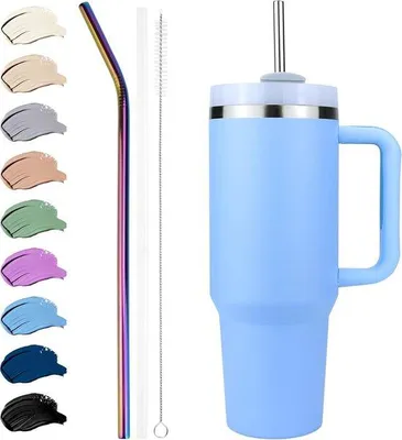 Produktbild von Famanu Thermo Becher 1,2L mit Deckel und Strohhalm - Isolierte Edelstahl Trinkflasche mit Griff