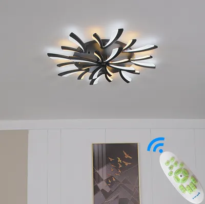 A modern LED ceiling light fixture with a starburst design, mounted on a white ceiling. A remote control is shown in the foreground, near a framed picture on a wall.