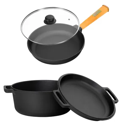 Produktbild von Gusseisen Set Ø24 cm Topf Gusseisentopf Deckel-Bratpfanne Kochtopf Bratpfanne Glasdeckel Brotbacken Brotbackform alle Herdarten inkl. Induktion