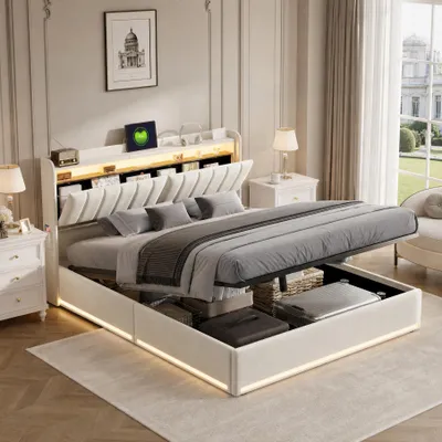 Image de INONEFT, lit hydraulique 160 x 200 cm, lit rembourré avec port USB et éclairage LED, lit pour adolescents, lit double avec rangement et sommier à lattes, lit pour adultes, revêtement en velours, couleur beige