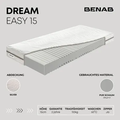 Produktbild von Schaummatratze Benab Dream Easy 15 Matratze 75 x 195 cm H3 hart 15 cm hohe Schaummatratzen, Silber, PUR, 7 Zonen, Profilierung