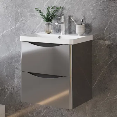 Produktbild von Badezimmerschrank 60cm Mineralguss Waschtisch mit Unterschrank Hochglanz Anthrazit Badmöbel Set mit Soft-Close