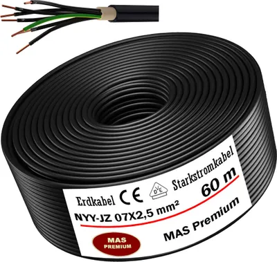 Obrázek produktu pro 60m podzemní napájecí kabel NYY-JZ 7X2,5 mm² elektrický kabel
