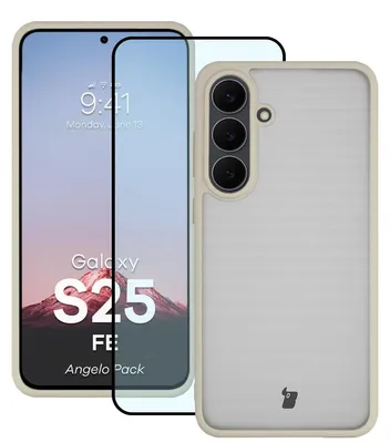 Produktbild von Schutzhülle + gehärtetem Glas für Galaxy S25 FE, Bizon Angelo Pack, Semitransparent mit beigem Rahmen