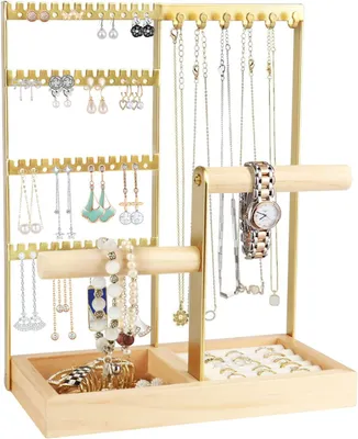 Produktbild von Schmuckständer, für Ohrringen, Ketten, Armbänder und Ringe, Gold, Holzbasis, für Zuhause