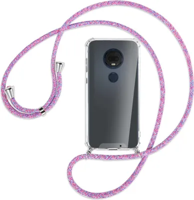 Produktbild von Handykette Backcover-Schutzhülle mit Band (Metall silberfarben) für Motorola Moto G7 / G7 Plus - lila/rosa/blau