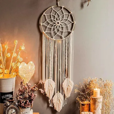 Produktbild von Traumfänger Makramee Wanddeko Wandbehang Traumfänger - Handgemacht - Beige - 76,2 x 25,4 cm - Für Schlafzimmer und Wohnzimmer