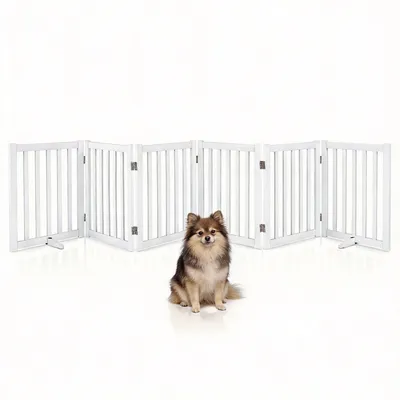 Produktbild von KOMFOTTEU 6-teilig Absperrgitter Hund, 61cm Hoch Schutzgitter aus Holz mit 360° Scharnieren & Dreibeinstand, Hundegitter, freistehendes Türschutzgitter für Türen, Treppen