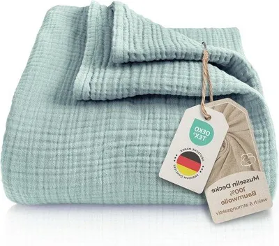 Produktbild von Famanu Mousseline Decke 220 x 240 cm XXL - 100% Baumwolle - extra weich - gemütliche Decke für Sofa und Bett - warme Decke (mintgrün)
