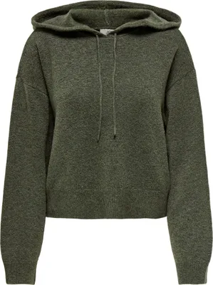 A green knitted hoodie is shown against a white background.