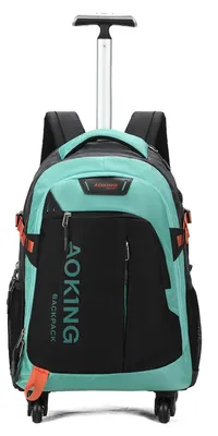 Immagine prodotto di Trolley zaino unisex con ruote, in poliestere, nero e turchese, dimensioni 39x24x58 cm
