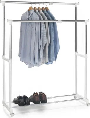 Produktbild von Garderobenwagen Rollgarderobe Kleiderständer Garderobenständer Rollkleiderständer CASA in weiß, 2 Kleiderstangen, Metallgestell verchromt, höhen- und breitenverstellbar