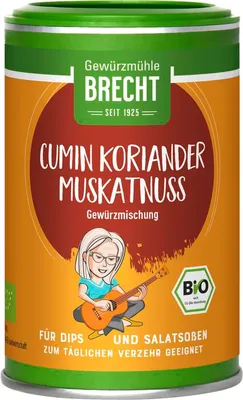 A product shot of a spice tin with a cartoon illustration of a person playing a guitar.