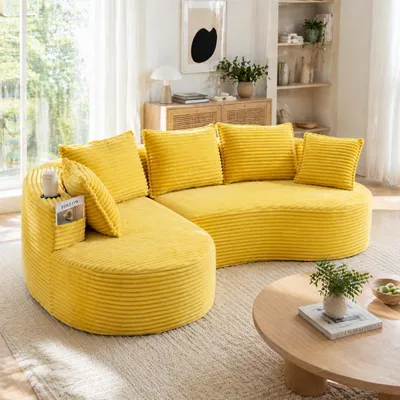 Produktbild von Bogesofa aus Cord Rundes Sofa Geschwungenes Couch mit Kissen Becherhalter Seitentaschen Federkern Sessel Polstersofa Modernes Loungesofa Wohnzimmer