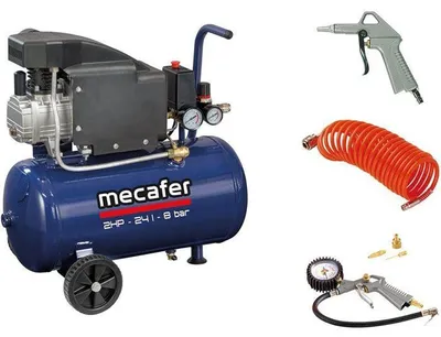 Obrázok produktu pre MECAFER olejový kompresor 24 l, horizontálny, 2 HP, 8 bar, modrá sada s hadicou, fúkačkou, plniacou pištoľou a 3 nástavcami