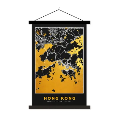 Produktbild von MuchoWow® Textilposter Hongkong - Stadtplan - Gold - Karte 60x90 cm mit schwarzem Rahmen - Poster Wohnzimmer