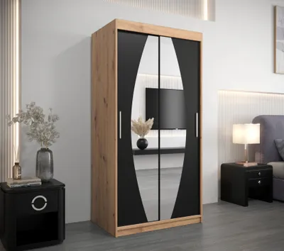 Produktbild von Kleiderschrank mit Spiegeln TAMARA – Breite 100 cm, Eiche artisan / schwarz