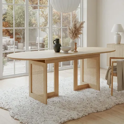 Produktbild von STILVORA Esstisch 150/200x90cm ausziehbar mit verdickter Tischplatte, Ausziehtisch mit abgerundeten Ecken, Küchentisch mit Rattan-Tischbeinen, Eiche