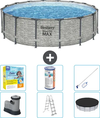 Produktbild von Bestway Round Steel Pro MAX Schwimmbad – Steindruck – 488 x 122 cm – inklusive Pumpe – Leiter – Abdeckung Wartungspaket - Filter - Reinigungskit