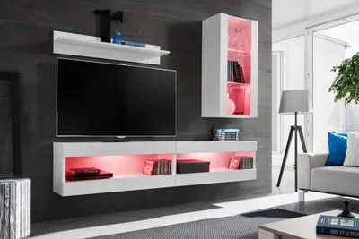 Obrázok produktu pre Nástenná skrinka, Tivoli SET5, biela/biela, šírka 200 cm x výška 195 cm x hĺbka 35 cm, LED RGB, do obývačky, spálne