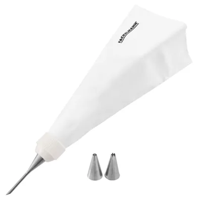 Produktbild von FMprofessional Spritzbeutel Baumwolle, Universaladapter und drei Hochwertige Edelstahl-Tüllen inklusive, Backzubehör zum Dekorieren und Verzieren (Farbe: Weiß/Silber)