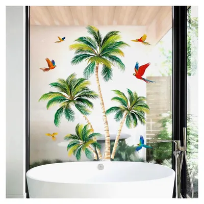 Produktbild von Fenstersticker Pflanzen Tropische Fensteraufkleber Baum Palme Papagei Fensterbilder Doppelseitig Glasaufkleber Dekoration