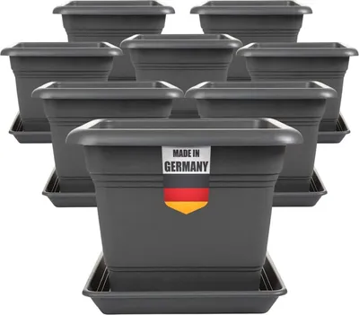 Produktbild von Tomatentopf eckig anthrazit mit Untersetzer 8 Stück, Pflanzkübel mit Ablaufsystem für Tomaten und Blumen