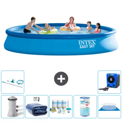 Produktbild von Intex runder aufblasbarer Easy Set-Schwimmpool – 457 x 84 cm – Blau – inklusive Pumpe Sonnensegel - Wartungspaket - Filter - Bodenplane - Reinigungskit - Wärmepumpe
