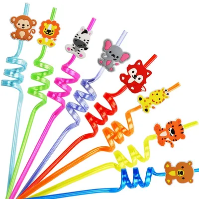 Image de Pailles réutilisables en plastique, à motifs de safari, 8 pièces, pour décoration de fête pour enfants