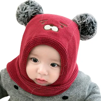 Produktbild von Baby schlupfmütze Warm Niedlich Bär Wintermütze Schalmütze Strickmütze mit Bommel Fleecefutter Beanie Mütze