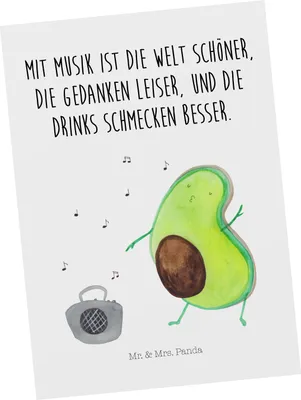 Produktbild von Mr. & Mrs. Panda Postkarte Avocado Tanzen - Weiß - Geschenk, Ansichtskarte, Ansichtskarten, Fotokarte, Urlaub, Grußkarte, Postkarten, Party, Drinks, Musik