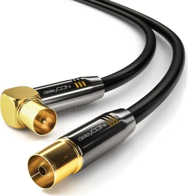 Produktbild von deleyCON 2m TV Antennenkabel Koaxialkabel - 1x TV-Stecker 90° Gewinkelt zu TV-Buchse Gerade - TV HDTV Radio DVB-T2 Full HD Metallstecker - Schwarz