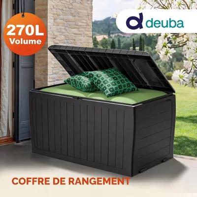 Image de Deuba® Coffre de rangement extérieur 270L Noir – Coffre jardin résine étanche avec roulettes, boîte de rangement terrasse balcon, malle extérieure 117x45x57 cm