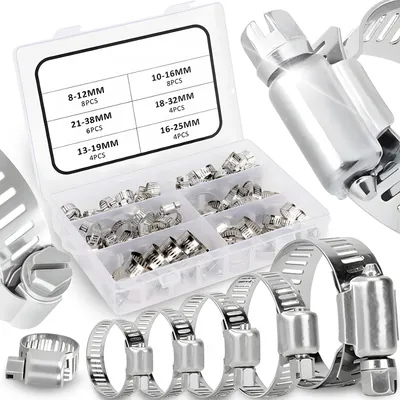 Produktbild von 34-tlg Schlauchschellen-Set 16-32 mm mit Kasten, Schneckengetriebe Metall, Metallklemme, Retoo