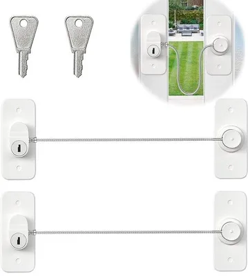 Produktbild von Ibenzoa® Kindersicherung für Fenster, Türen & Möbel – 2er Set, 23 cm Länge, 17,3 cm Stahlkabel, ABS & Edelstahl, bohrfreie Selbstklebung, mit Schlüssel