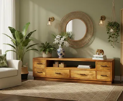 Imagen del producto de OPIUM OUTLET: Mueble bajo, aparador, mueble de TV, cómoda, estantería abierta, separador de ambientes, mueble para sala de estar, madera maciza. Dimensiones: 200 x 45 x 50 cm