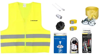 Obrázok produktu pre Núdzová súprava Dunlop vrátane bezpečnostnej vesty, ťažného lana, upevňovacieho popruhu, parkovacieho kotúča a napínacích pásov - zapaľovač cigariet s nabíjacím káblom USB C