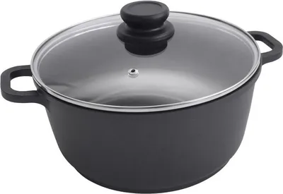 A black cooking pot with a glass lid and silver handles, shown from a slightly elevated side angle against a white background.