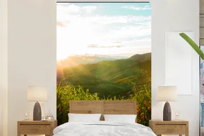 Produktbild von MuchoWow® Fototapete für Wohnzimmer oder Schlafzimmer Wandtapete Vinyl Motivtapete Hügel - Sonnenuntergang - Gras - Grün - 160x240 cm - Vinyltapete