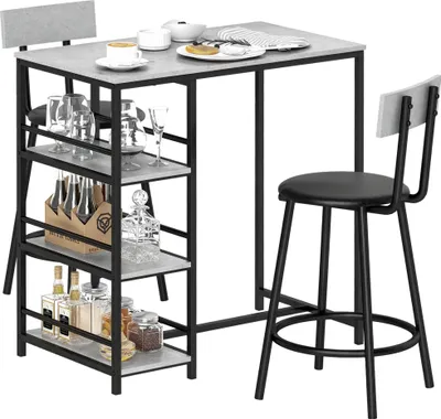 Produktbild von HOMCOM Bartisch-Set mit Hockern, hoher Esstisch mit 2 Barhockern, mit Ablagen, für Esszimmer und Küche, Grau und Schwarz