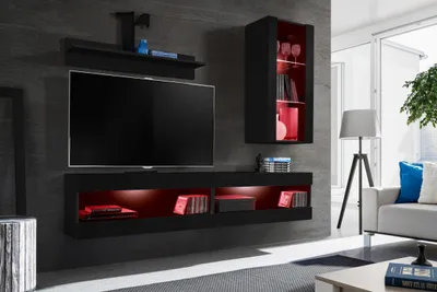 Obrázek produktu pro Nástěnná skříňka, Tivoli SET5, černá/černá, šířka 200 cm x výška 195 cm x hloubka 35 cm, LED RGB, do obývacího pokoje, ložnice
