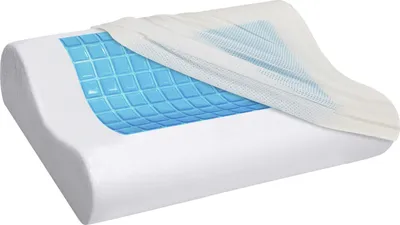 A white orthopedic pillow with a blue gel layer is shown on a white background.