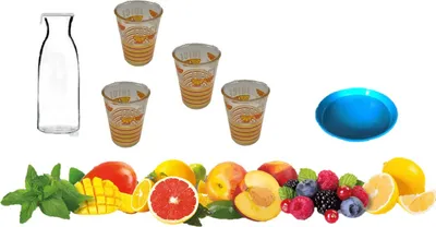 Produktbild von Karaffe mit Deckel 1 Liter + Glas 270ml 4er Drinkgläser Set Früchet+ Metall Tablett 33cm Höhe 5 cm