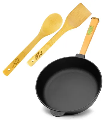 Produktbild von Gusseisenpfanne 28 cm Bratpfanne aus Gusseisen tief Induktion Holzgriff Schmortopf Pfanne
