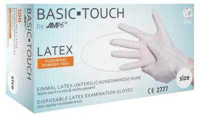 Produktbild von BASIC-TOUCH, Latex-Untersuchungshandschuh, puderfrei, weiß, Gr. XL | Box (100 Stück)
