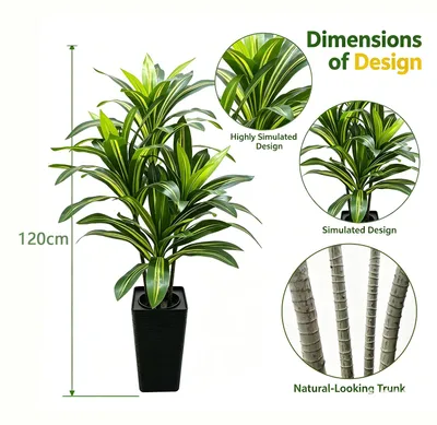 Immagine prodotto di Pianta artificiale Dracaena - Pianta da interno, altezza 120 cm - Yucca tropicale - Con vaso bianco - Grande elemento decorativo per interni - Verde