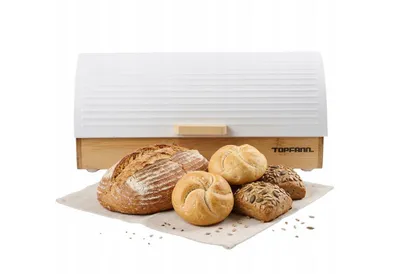 Produktbild von Moderner Brotkasten TOPFANN – Weißer Brotkorb aus Metall & Bambus