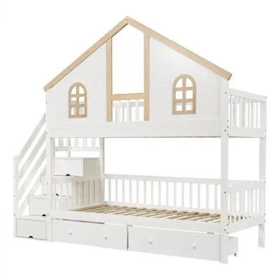 Produktbild von Kinderbett aus Holz - Haus-Etagenbett 90x200 cm - Rausfallschutz - Treppe mit Stauraum - Ausziehbare Schubladen - Fensterdekor