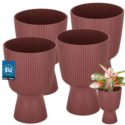 Image de KOTARBAU® Lot de 4 Pot de Fleur Ø 14 cm Pot de Fleur Interieur PVC Pot de Fleur Exterieur Pot pour Plante avec Socle Nervuré Marsala