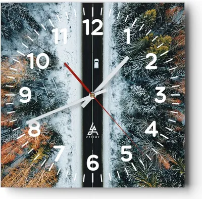 Produktbild von Wanduhr - Quadrat - Glasuhr - Wald Weg Schnee - 30x30cm - Schleichendes Uhrwerk - Lautlos - zum Aufhängen bereit - Dekoration Modern - Wanddekoration aus Glas - C4AC30x30-4654
